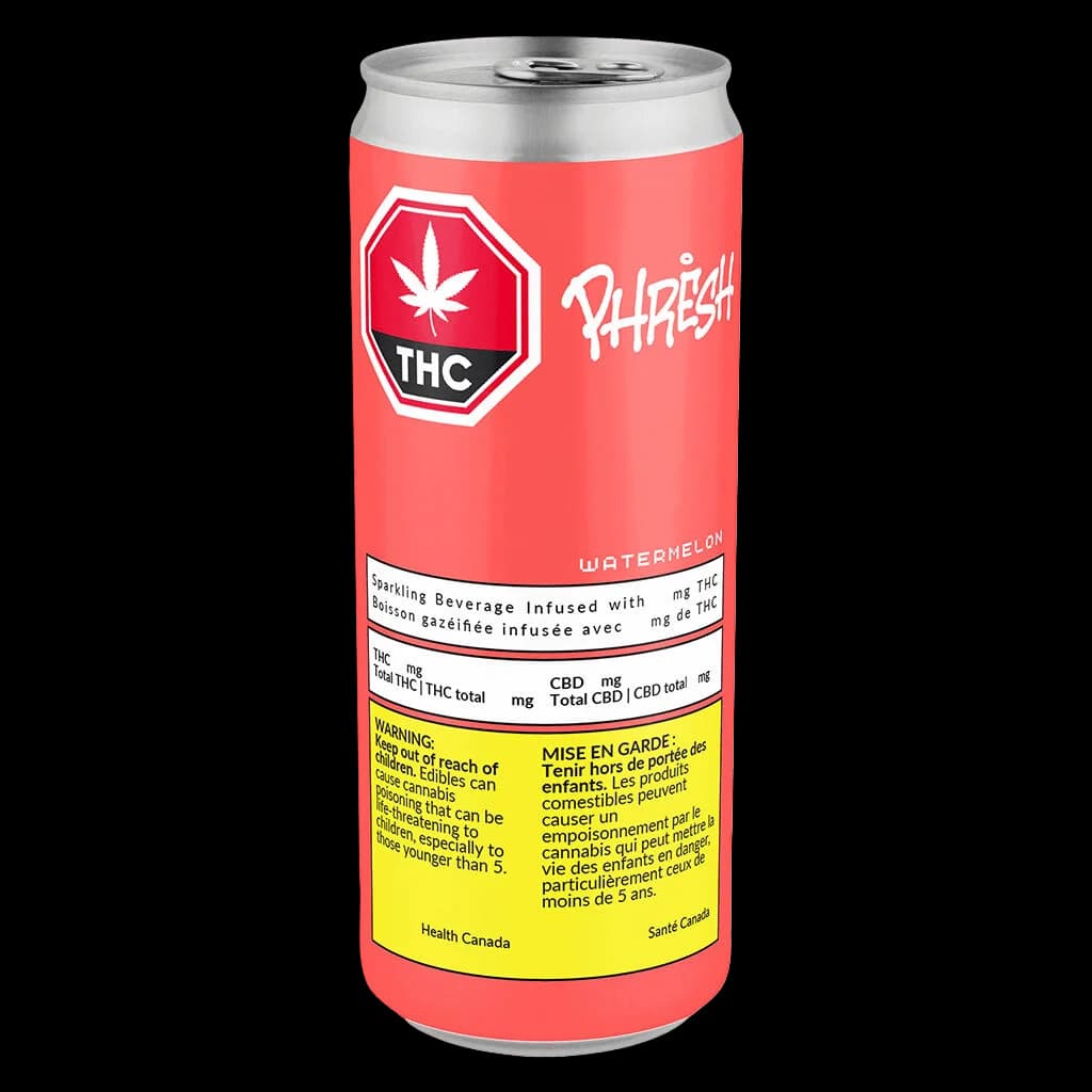 Phresh Watermelon THC cannabis sparkling beverage in red aluminum can with Health Canada warning label