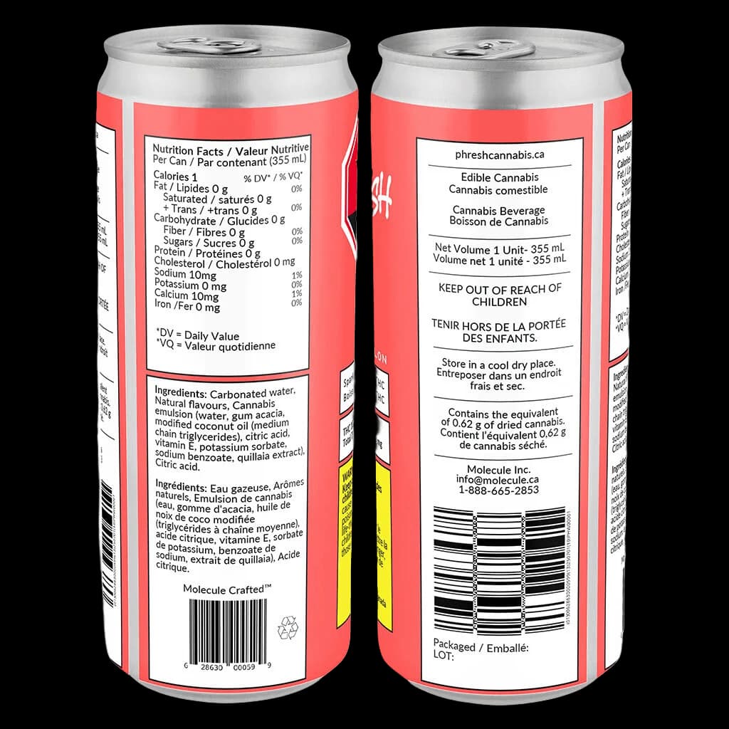 PHRESH Watermelon cannabis beverage 355 mL aluminum can showing front and back labels with nutrition facts and regulatory information