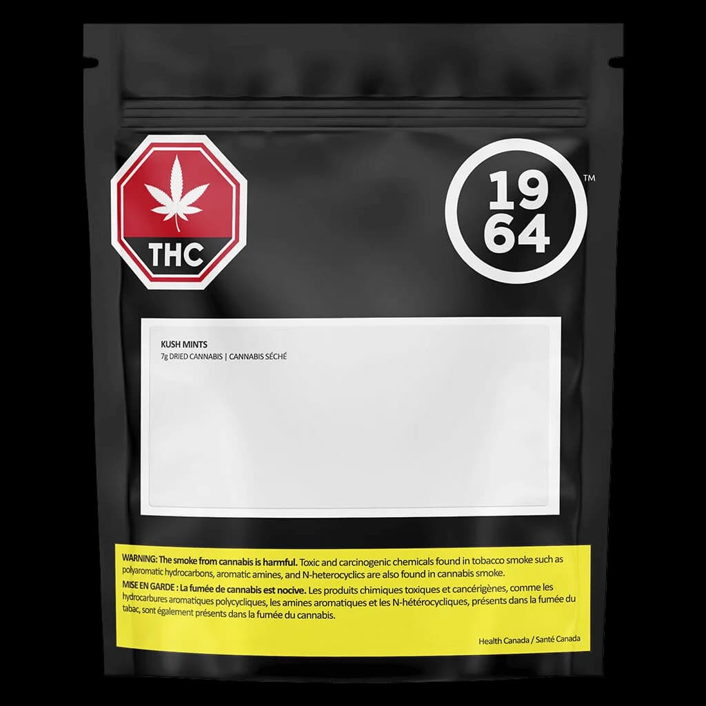 1964 Kush Mints 7g dried cannabis flower package with red THC badge and black pouch design