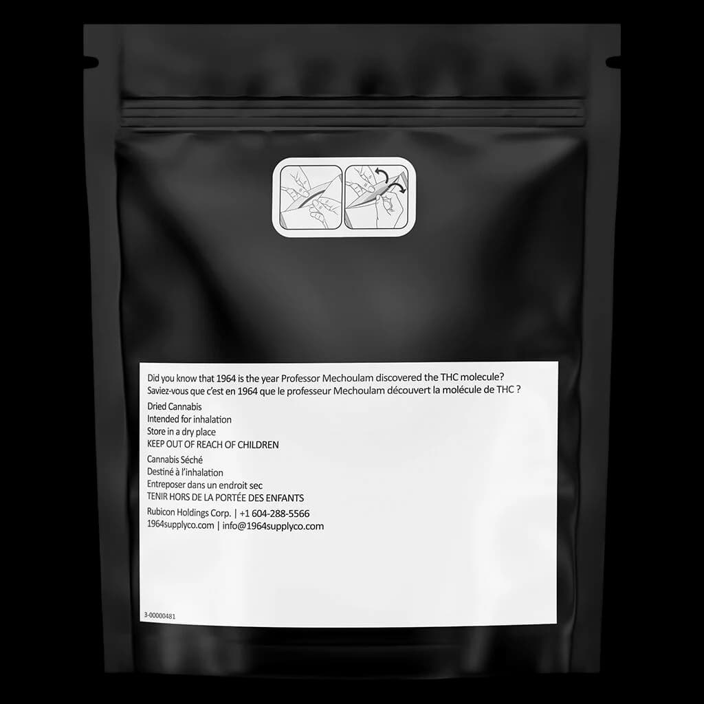 1964 Kush Mints dried cannabis flower in black pouch with white label showing usage instructions and Rubicon Holdings contact information