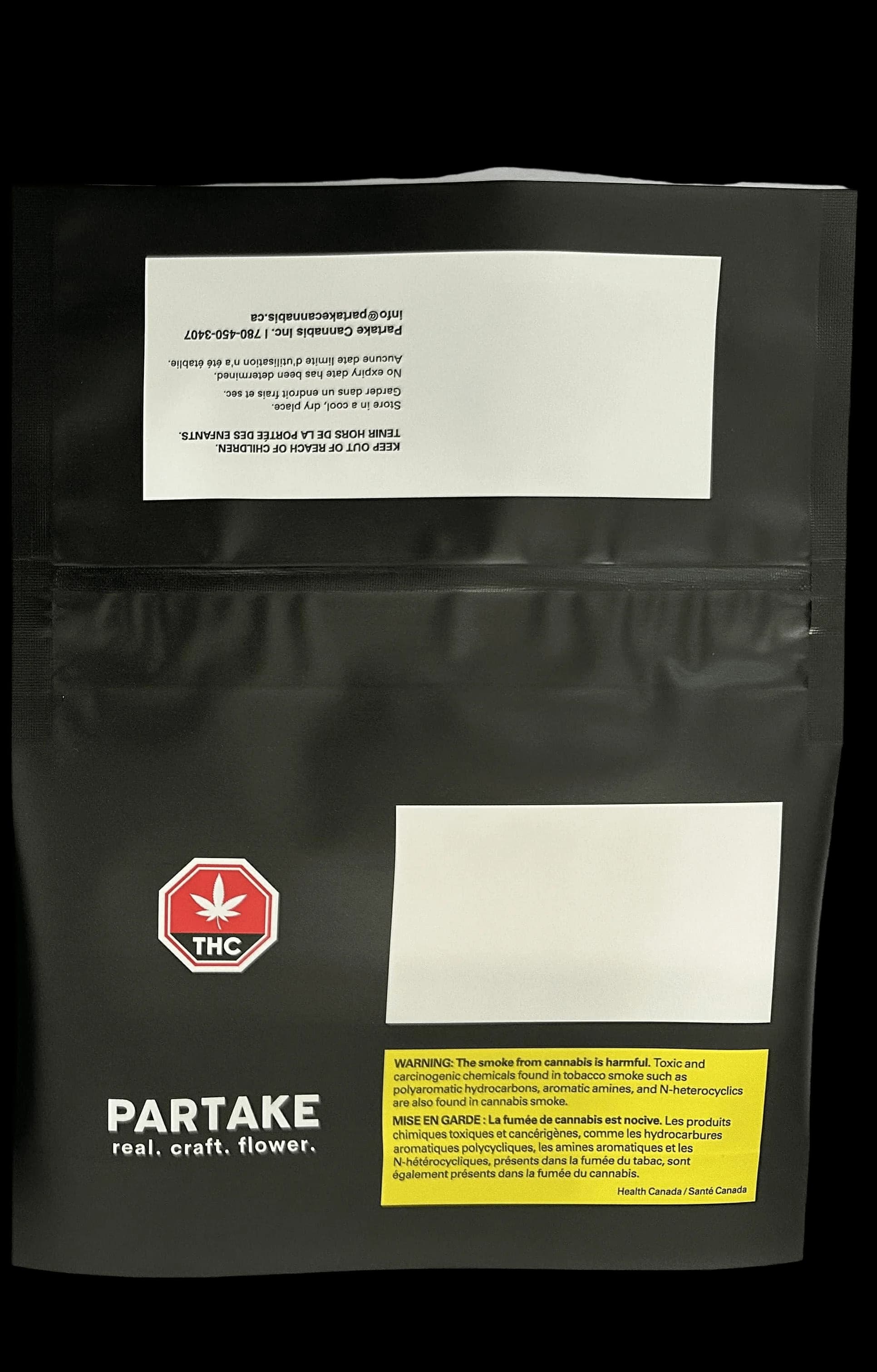 Partake Orange Squeeze cannabis dried flower package with black pouch, red THC symbol, and Health Canada warning label