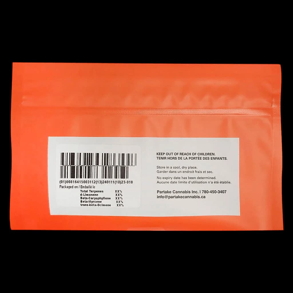 Partake Orange Squeeze cannabis dried flower package rear label showing terpene profile, barcode, and storage instructions
