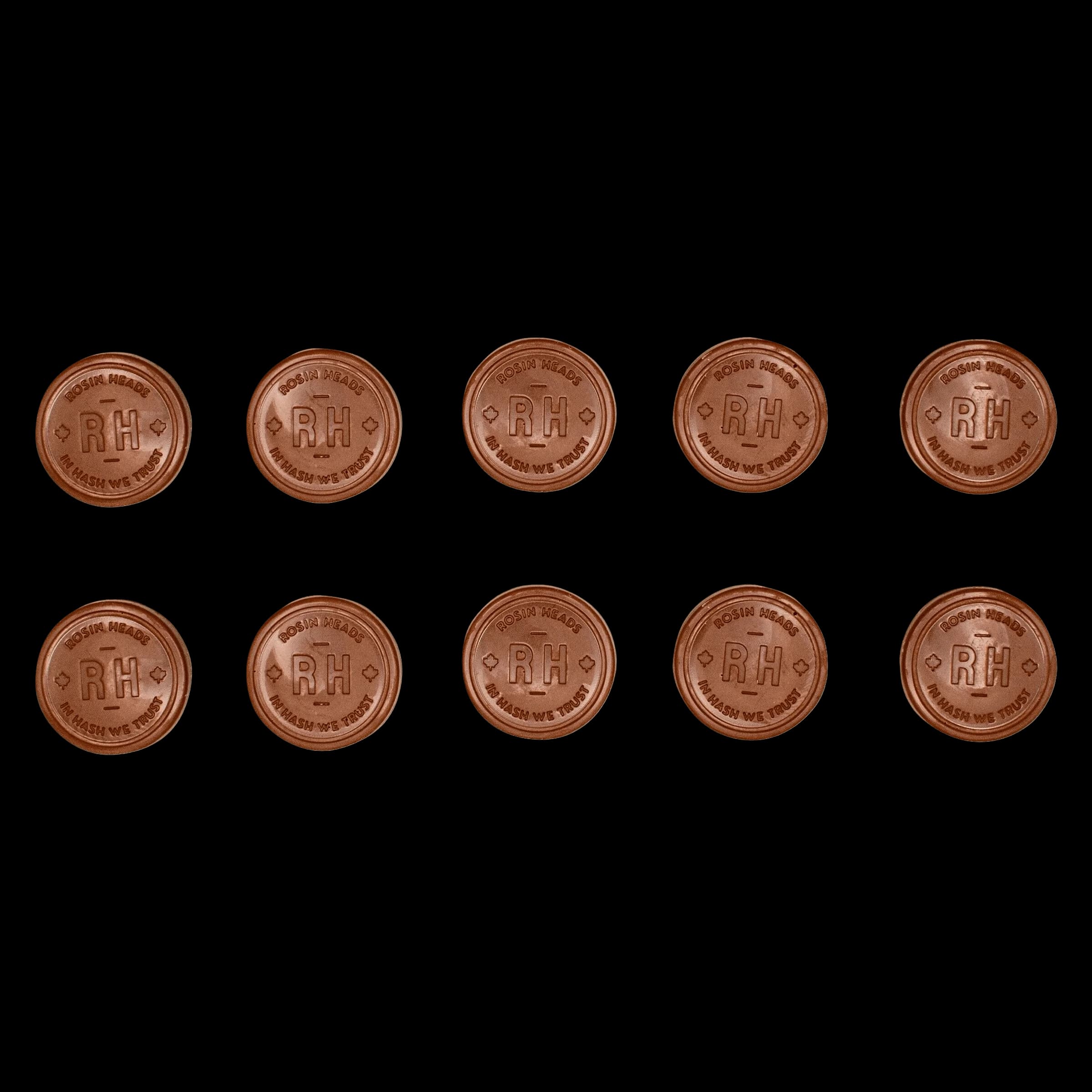 Rosin Heads milk chocolate hash rosin coins, set of 10 brown medallions embossed with RH logo