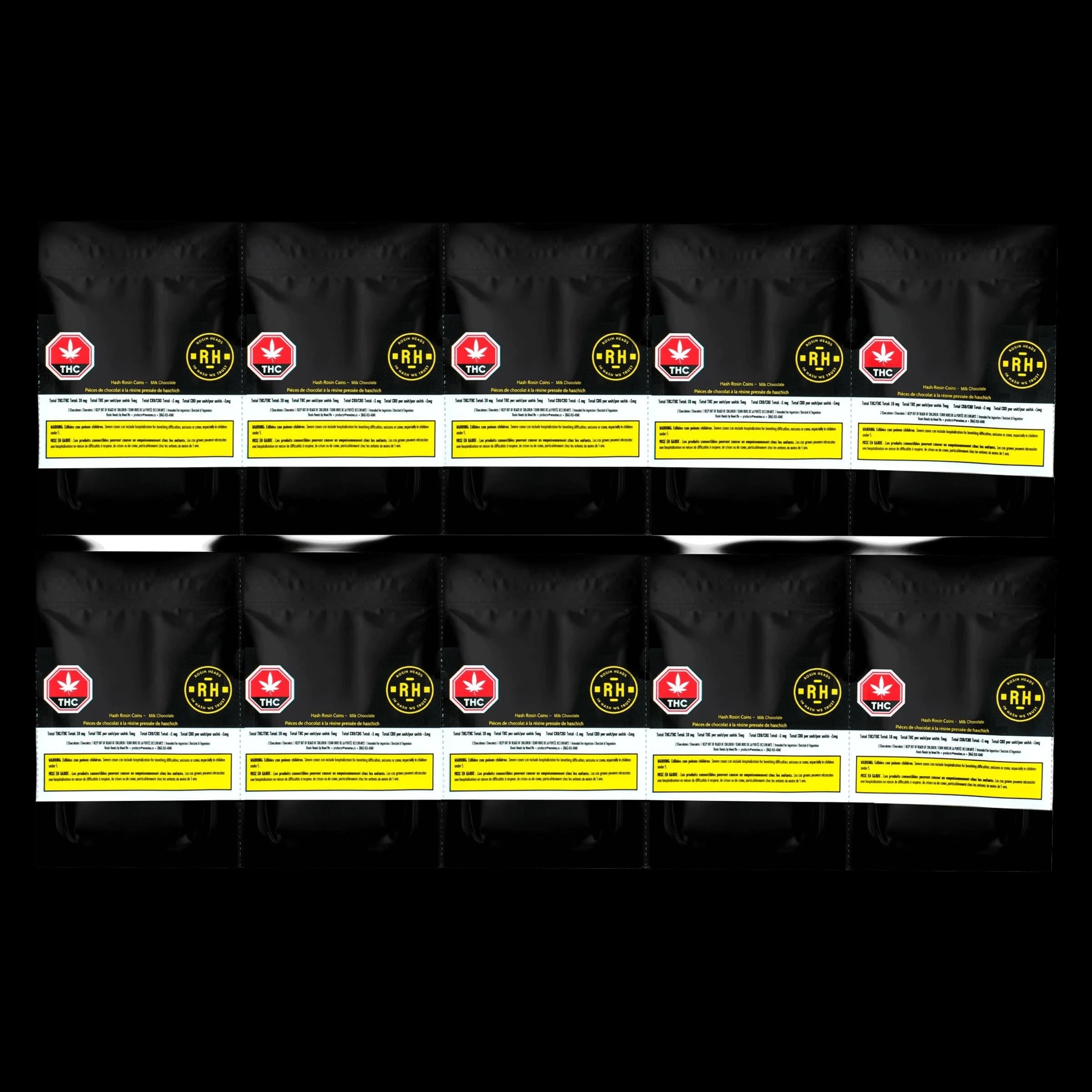 Rosin Heads Milk Chocolate Hash Rosin Coin cannabis edible packaging sheet showing multiple units with THC warning labels and yellow Health Canada cautionary text