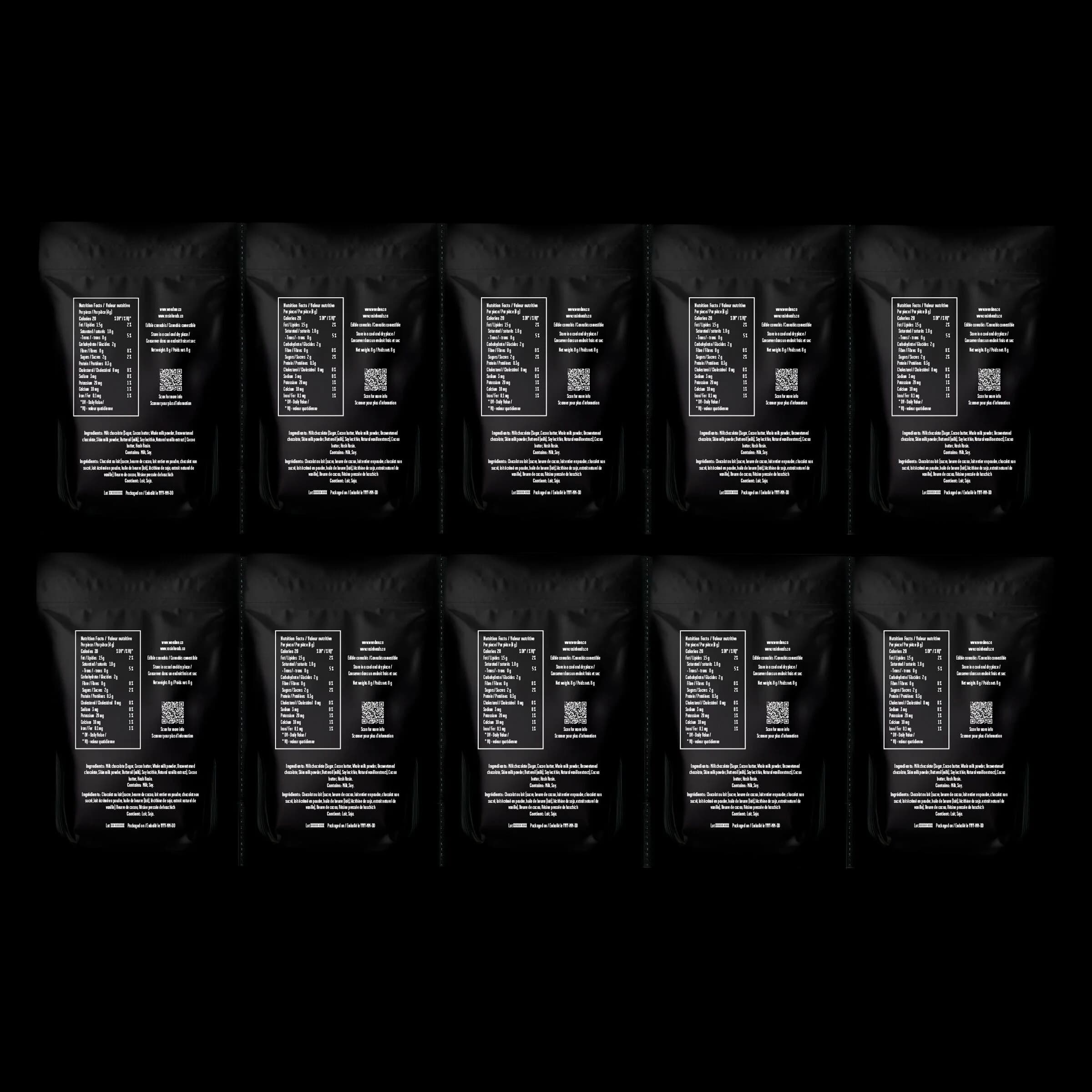 Rosin Heads Milk Chocolate Hash Rosin Coin packages displayed in two rows of five black pouches with white label text and QR codes