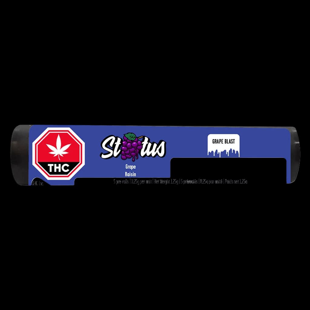Status Grape Blast pre-roll pack, 5-pack 1.25g total with Grape Raisin flavour, THC warning label visible on blue packaging