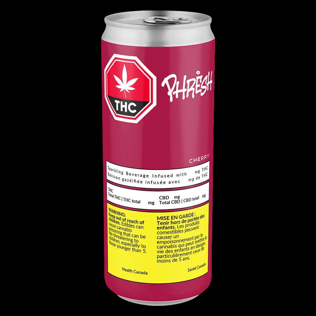 Phresh Cherry THC sparkling beverage in aluminum can with red label and Health Canada warning