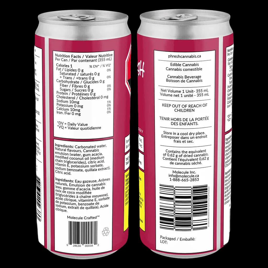 PHRESH Cherry cannabis beverage 355 mL can showing front nutrition facts and back regulatory information