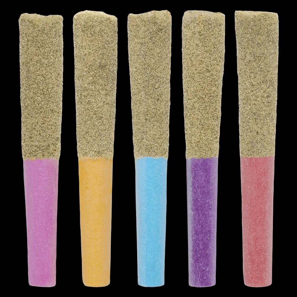 High Stick Starting Five Infused Pre-Roll pack with five pre-rolls displaying pink, yellow, blue, purple, and coral-coloured tips