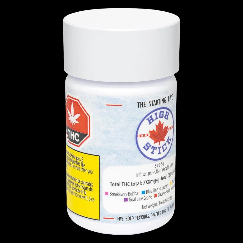 High Stick Starting Five 5-pack infused pre-rolls with white cap container showing THC warning label and flavor varieties