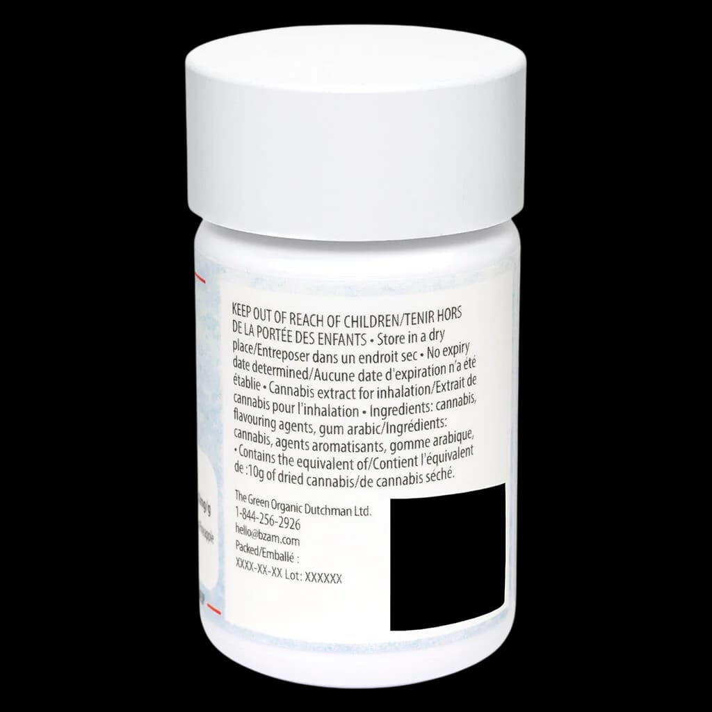 High Stick Starting Five Infused Pre-Roll jar with white cap, rear label showing cannabis extract ingredients and Health Canada warnings