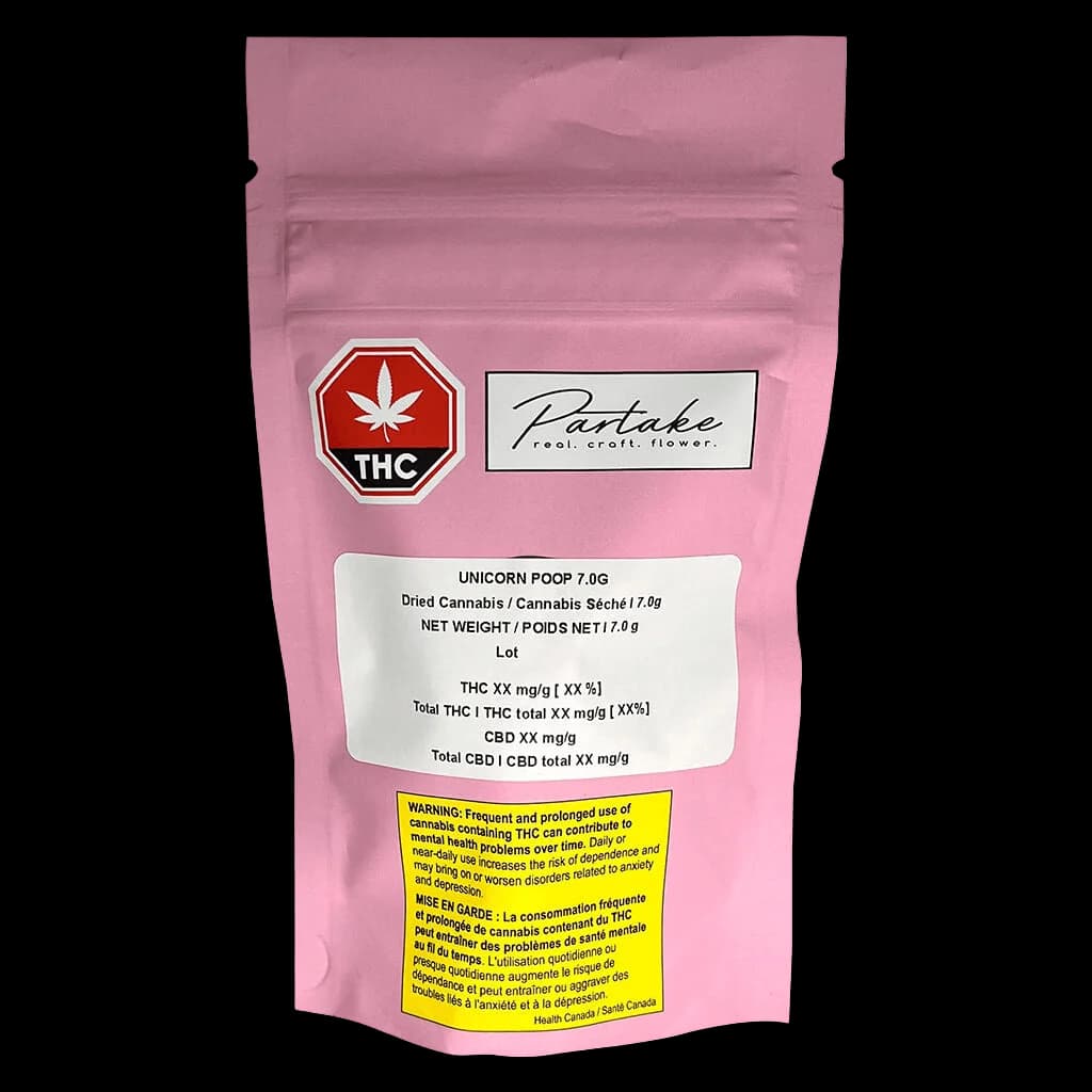 Partake Unicorn Poop 7.0g dried cannabis flower in pink packaging with red THC warning symbol and yellow Health Canada warning label