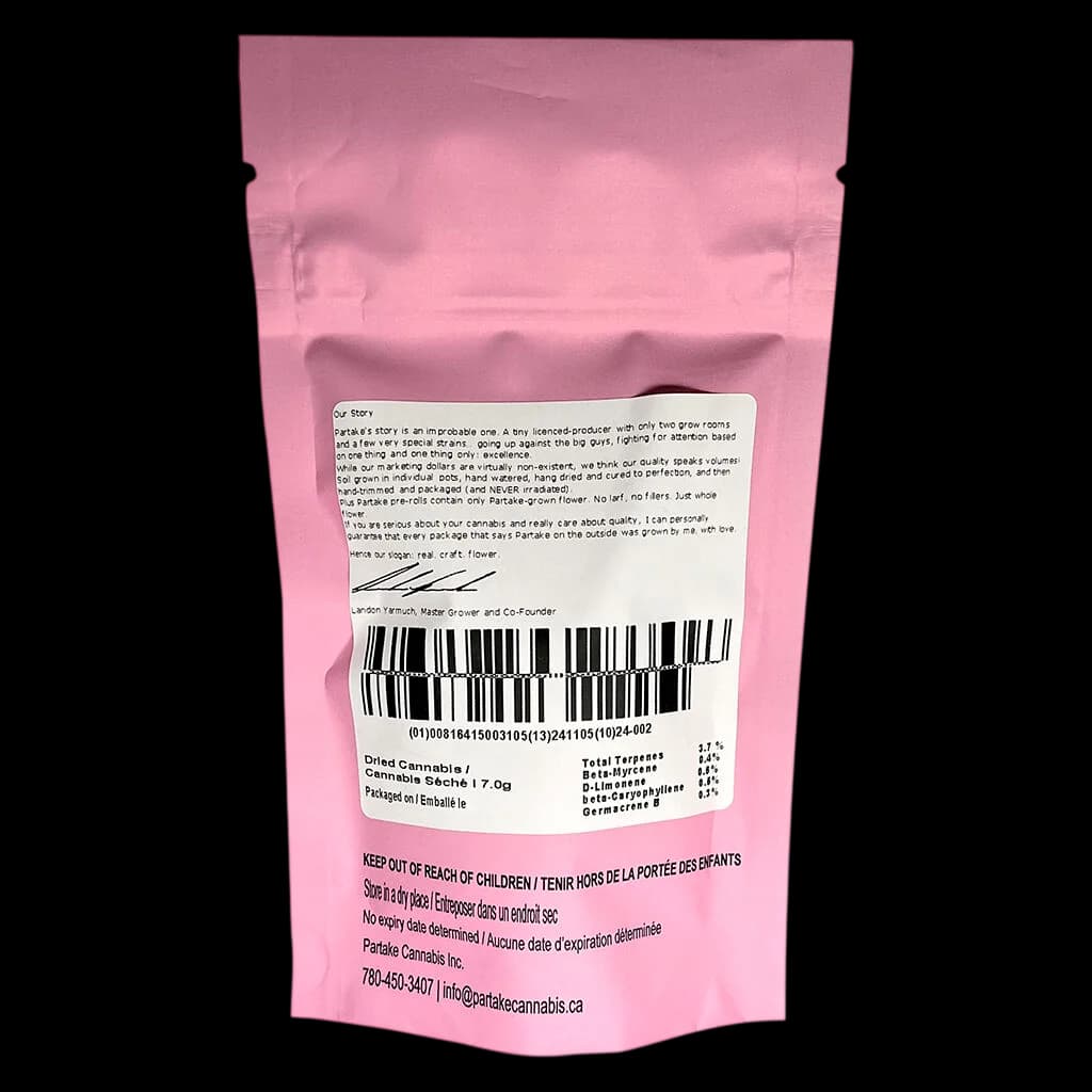 Partake Unicorn Poop 7.0g dried cannabis flower in pink pouch with Partake branding and regulatory label