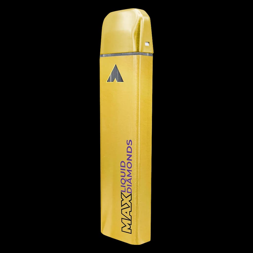 Weed Me Max Liquid Diamond Honey Berry Blast disposable vape pen, yellow with dark grey logo and purple text