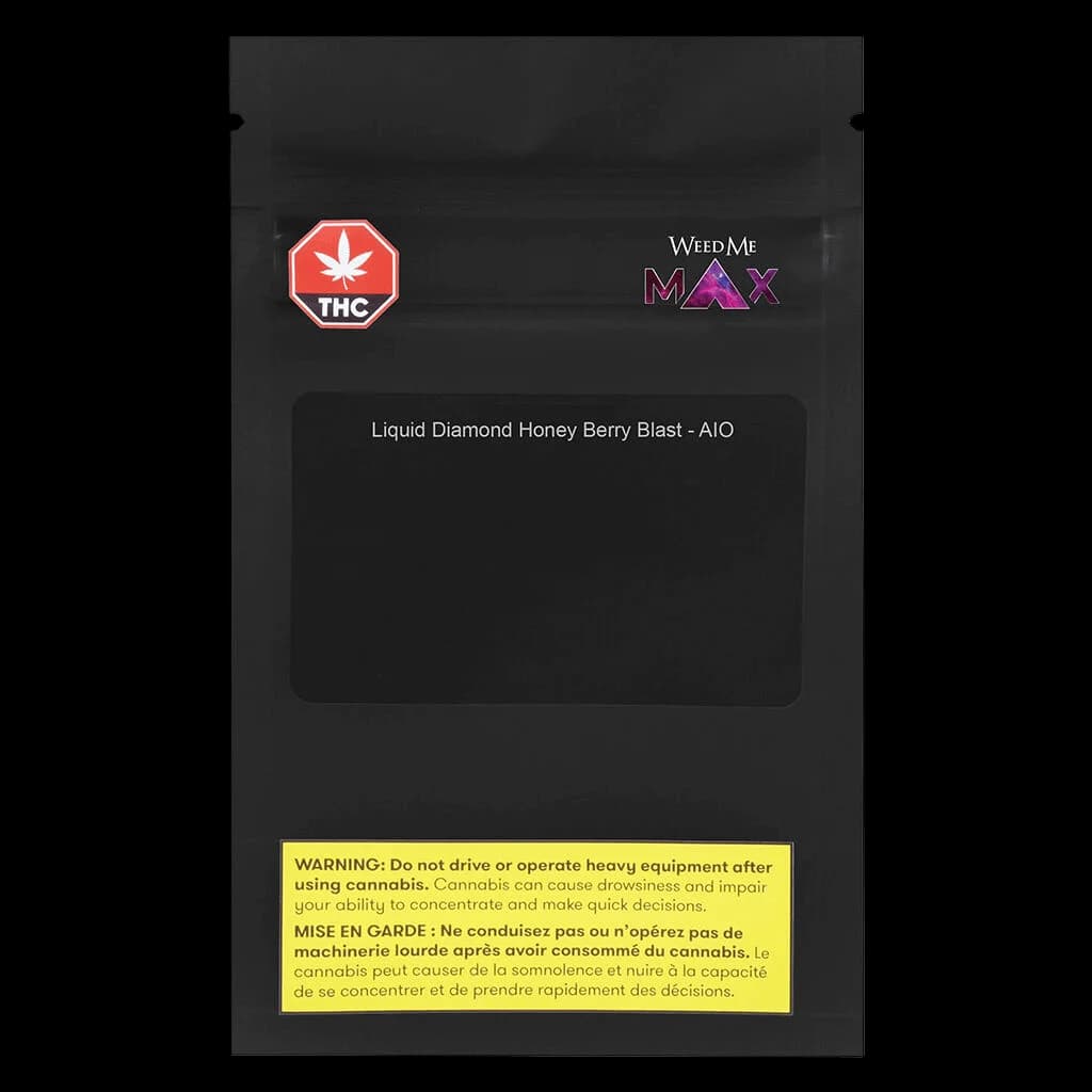 Weed Me Max Liquid Diamond Honey Berry Blast AIO disposable vape pen packaging with THC warning symbol and Health Canada safety label