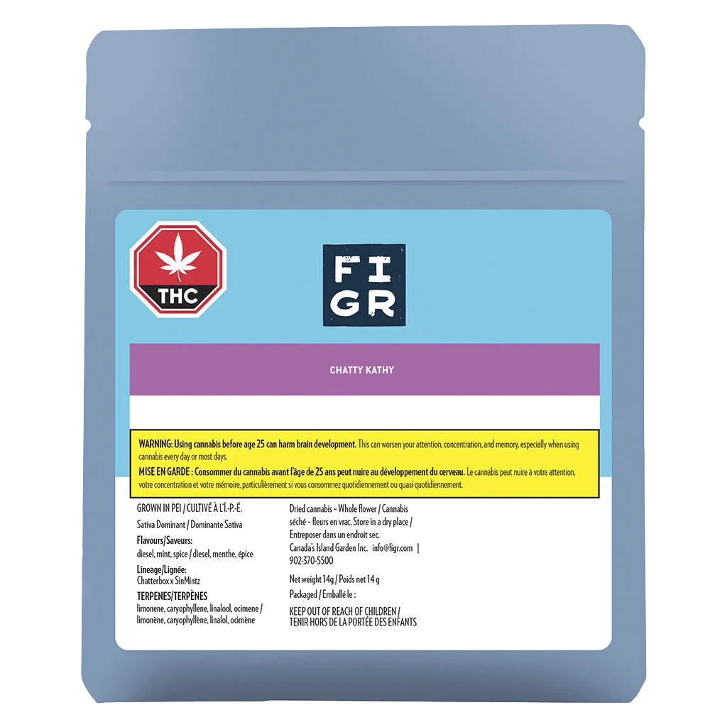 FIGR Chatty Kathy 14g dried cannabis flower pouch, sativa dominant strain with diesel, mint, spice flavours