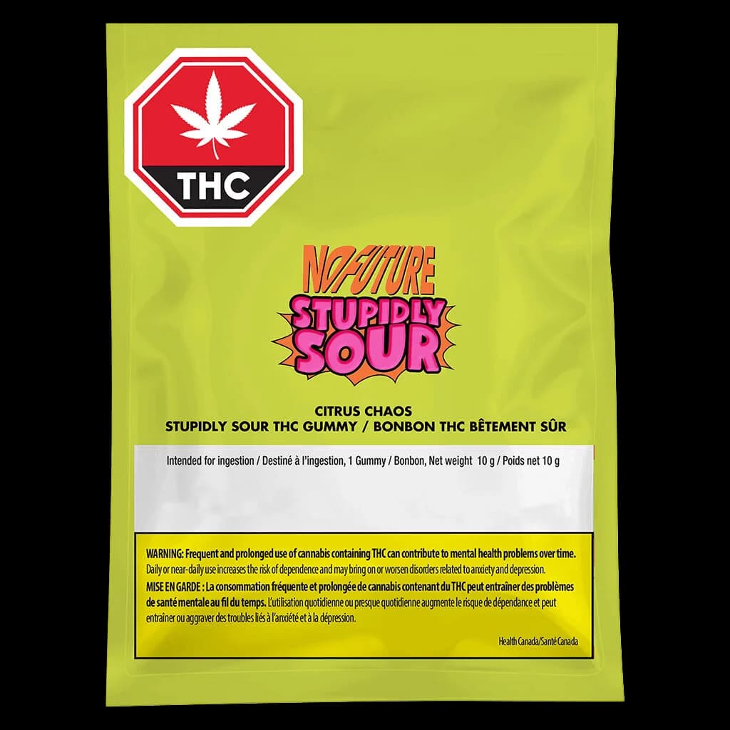 No Future Stupidly Sour Citrus Chaos THC gummy package, 10g, with red THC symbol on lime-green pouch