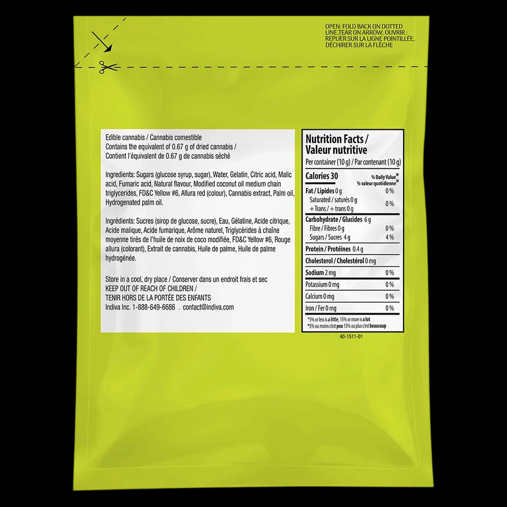 Back of No Future Citrus Chaos Stupidly Sour THC gummy package showing nutrition facts, ingredients, and cannabis content of 0.67g dried cannabis equivalent per 10g container