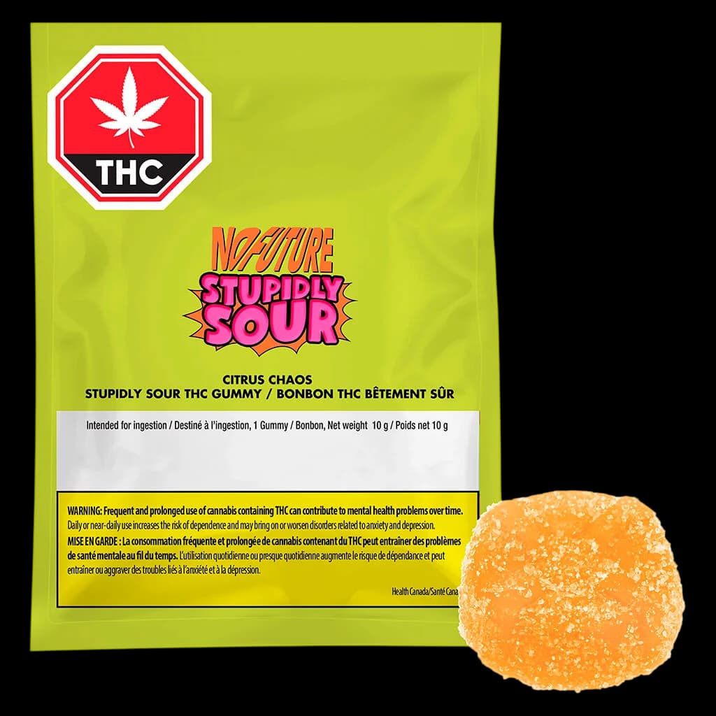 No Future Citrus Chaos Stupidly Sour THC gummy, 10g pouch with orange sour-coated gummy displayed beside packaging