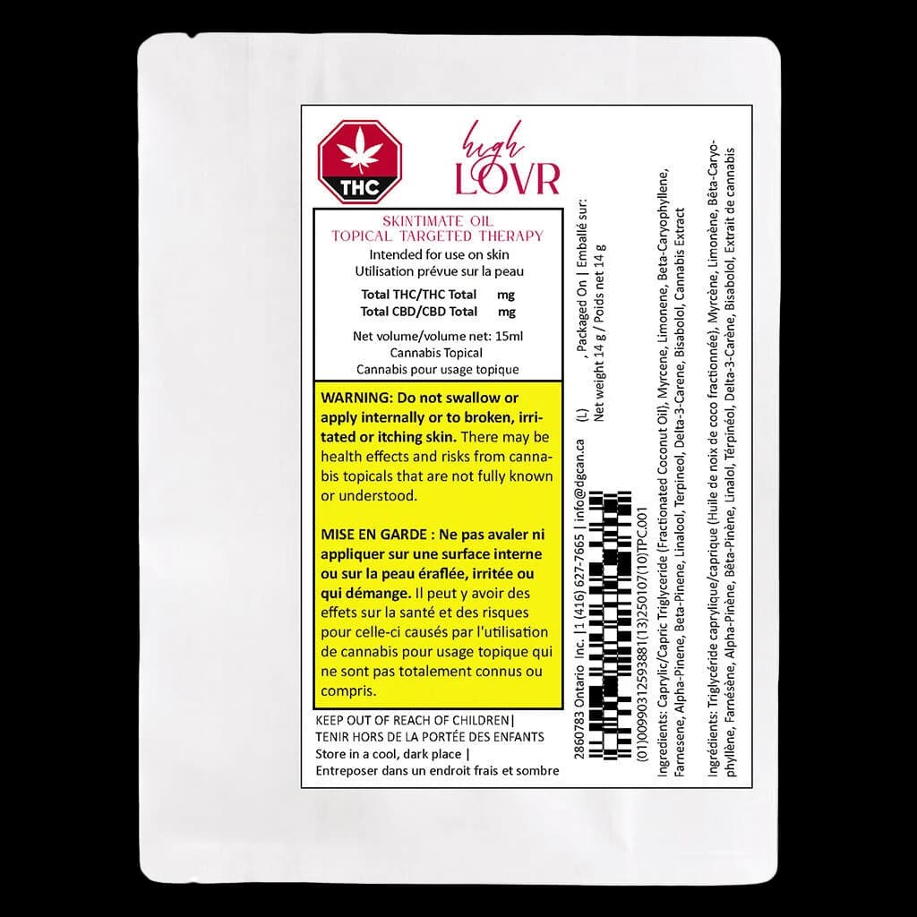 High Lovr Skintimate Oil topical targeted therapy 15ml package back label showing THC warning, usage instructions, and Health Canada regulatory information