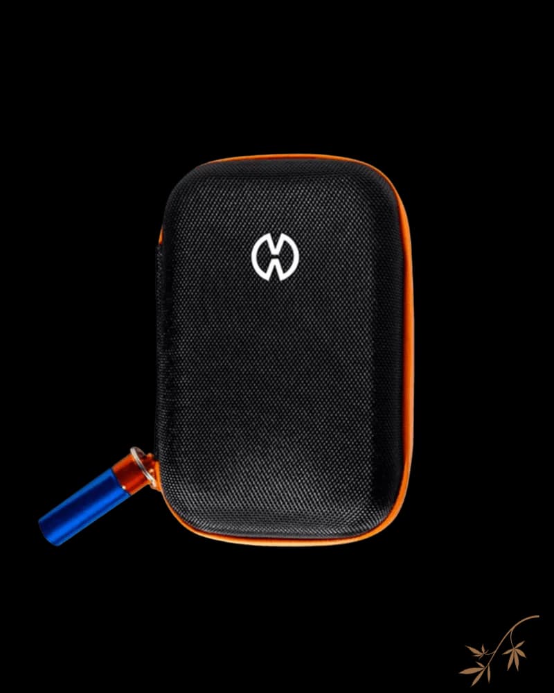 Storz & Bickel protective carrying case with black mesh exterior, orange trim, and branded logo, shown with blue keychain attachment