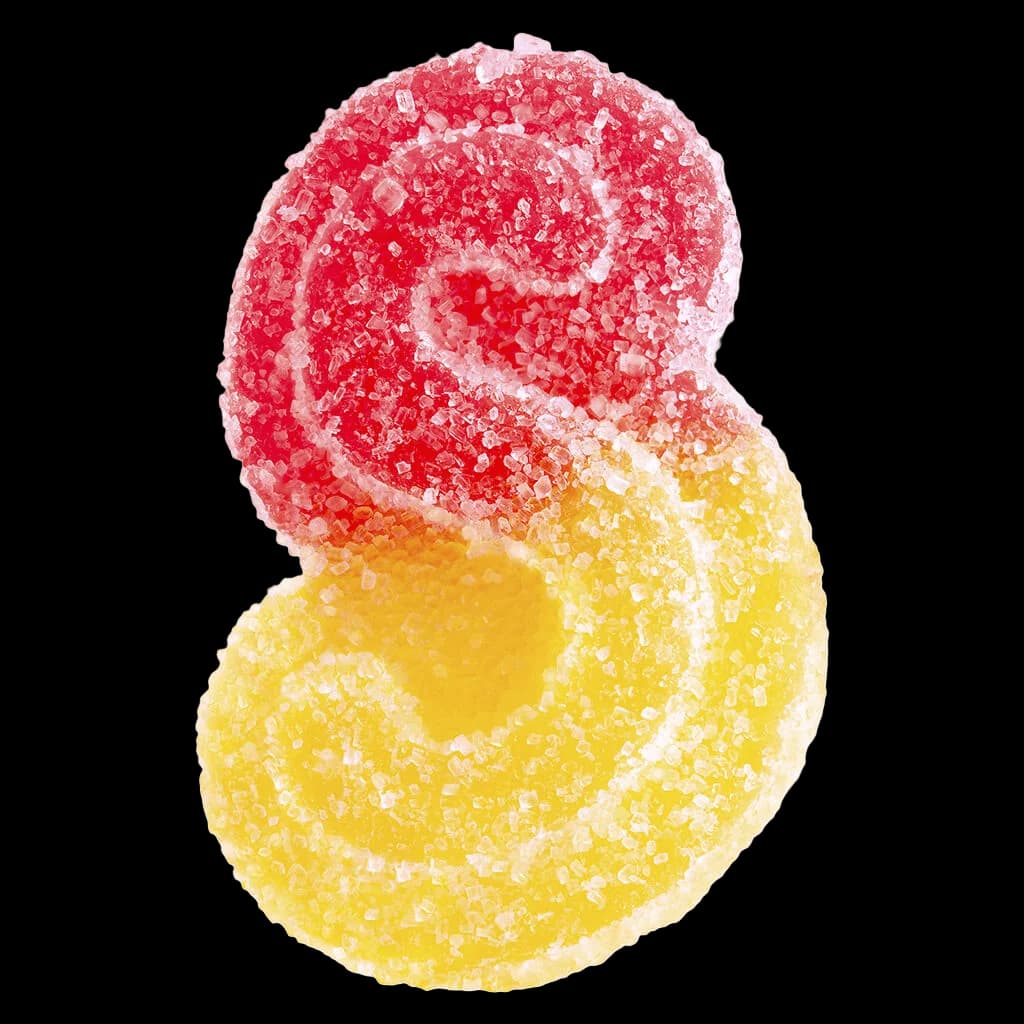 SOURZ by Spinach Strawberry Mango sour gummies, red and yellow sugar-coated soft chews