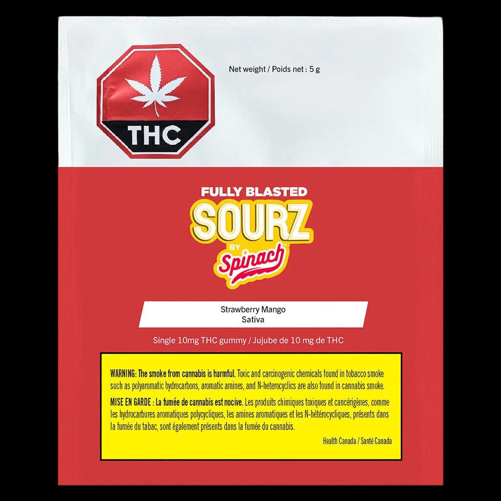 Fully Blasted Sourz by Spinach Strawberry Mango Sativa gummy, 10mg THC, 5g package front with Health Canada warning label