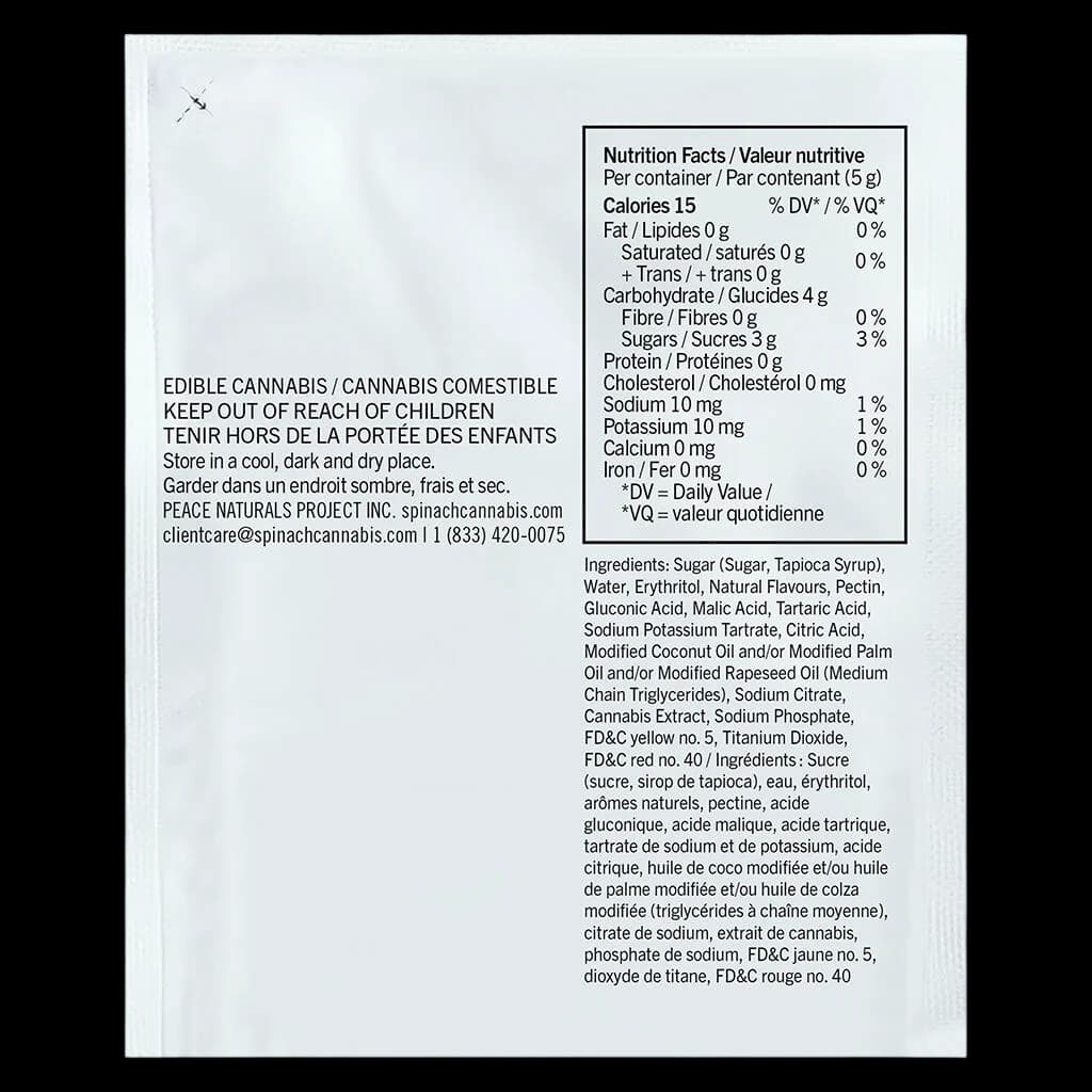 Peace Naturals Project edible cannabis gummy back label showing nutrition facts, ingredients, and bilingual warnings for storage and child safety.