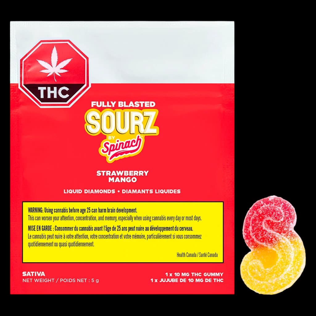 Fully Blasted Sourz by Spinach Strawberry Mango cannabis gummy, 10mg THC, with red and yellow sour-coated gummy beside packaging