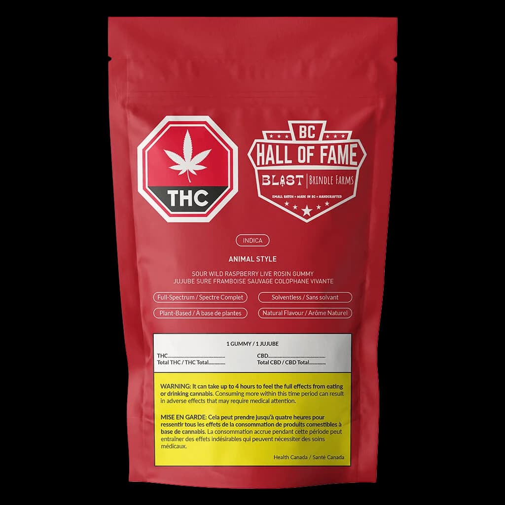 Blast Hall of Fame Animal Style Sour Wild Raspberry Live Rosin Gummy package, red pouch with THC symbol and Health Canada warning label