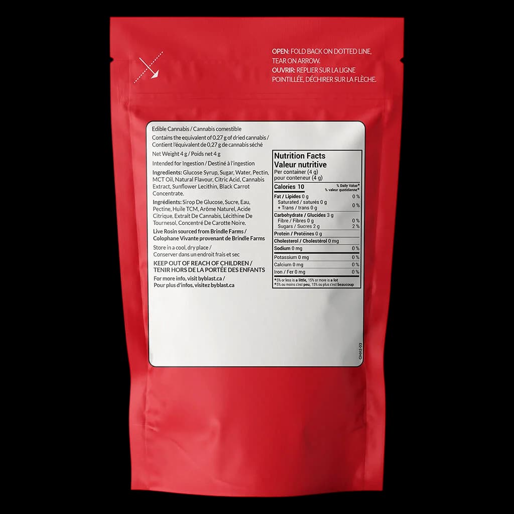 Blast Animal Style Sour Wild Raspberry 4g cannabis edible gummy package back showing nutrition facts and ingredients