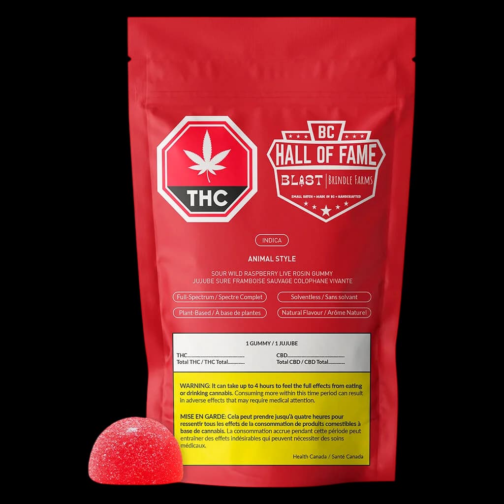 BC Hall of Fame Blast Animal Style sour wild raspberry live rosin gummy, indica, with red package and single gummy displayed