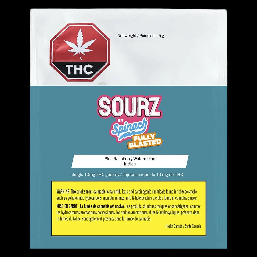 Sourz by Spinach Fully Blasted Blue Raspberry Watermelon Indica gummy, 10mg THC single pack, 5g net weight
