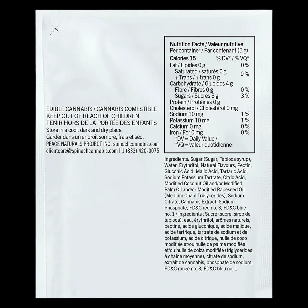 Back of SOURZ by Spinach cannabis gummy package showing nutrition facts, ingredients, and bilingual dosing warnings for edible cannabis product.