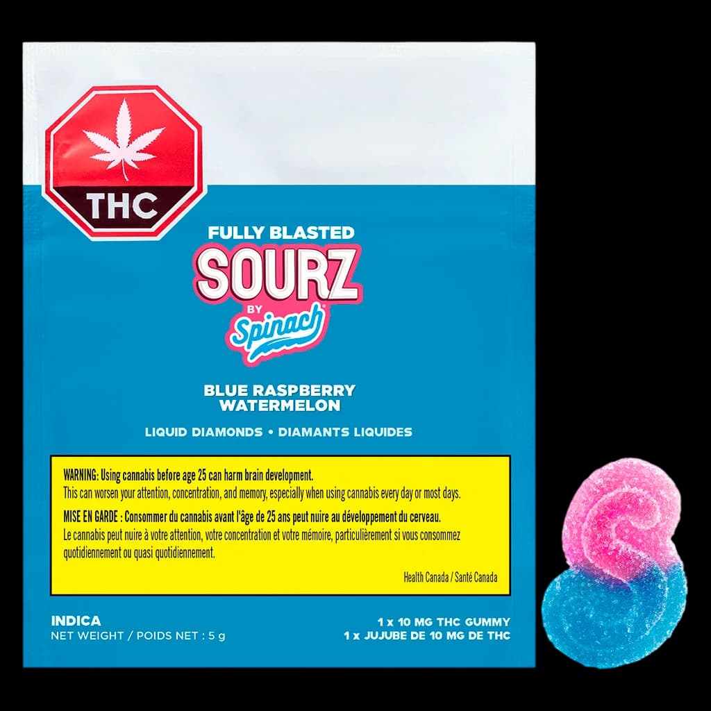 Fully Blasted Sourz by Spinach Blue Raspberry Watermelon cannabis gummy, 10mg THC, with pink and blue swirled candy beside packaging