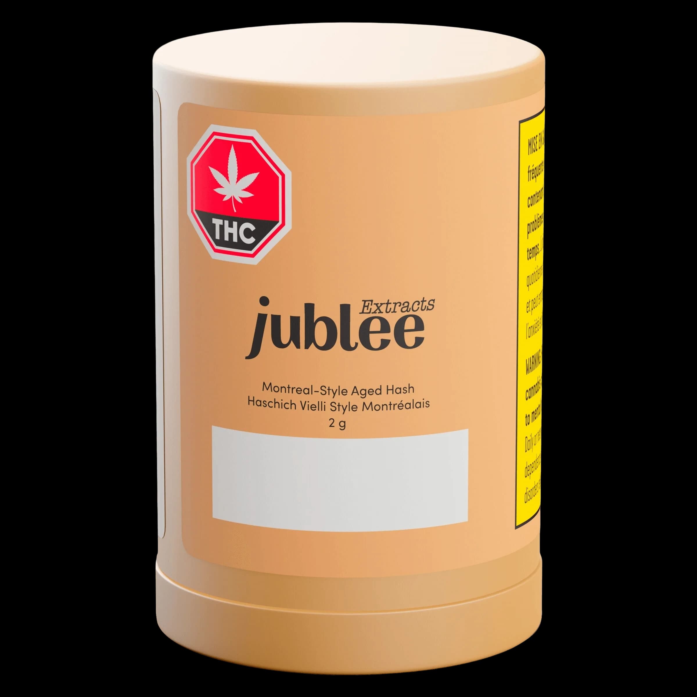 Jublee Extracts Montreal-Style Aged Hash 2g cannabis concentrate in tan cylindrical packaging with red THC symbol