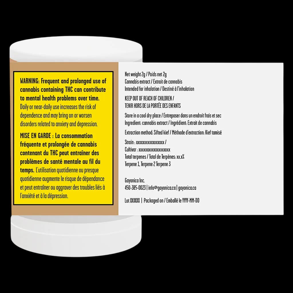 Jublee Extracts cannabis hash concentrate, 2g net weight, in glass jar with yellow Health Canada warning label and product information panel