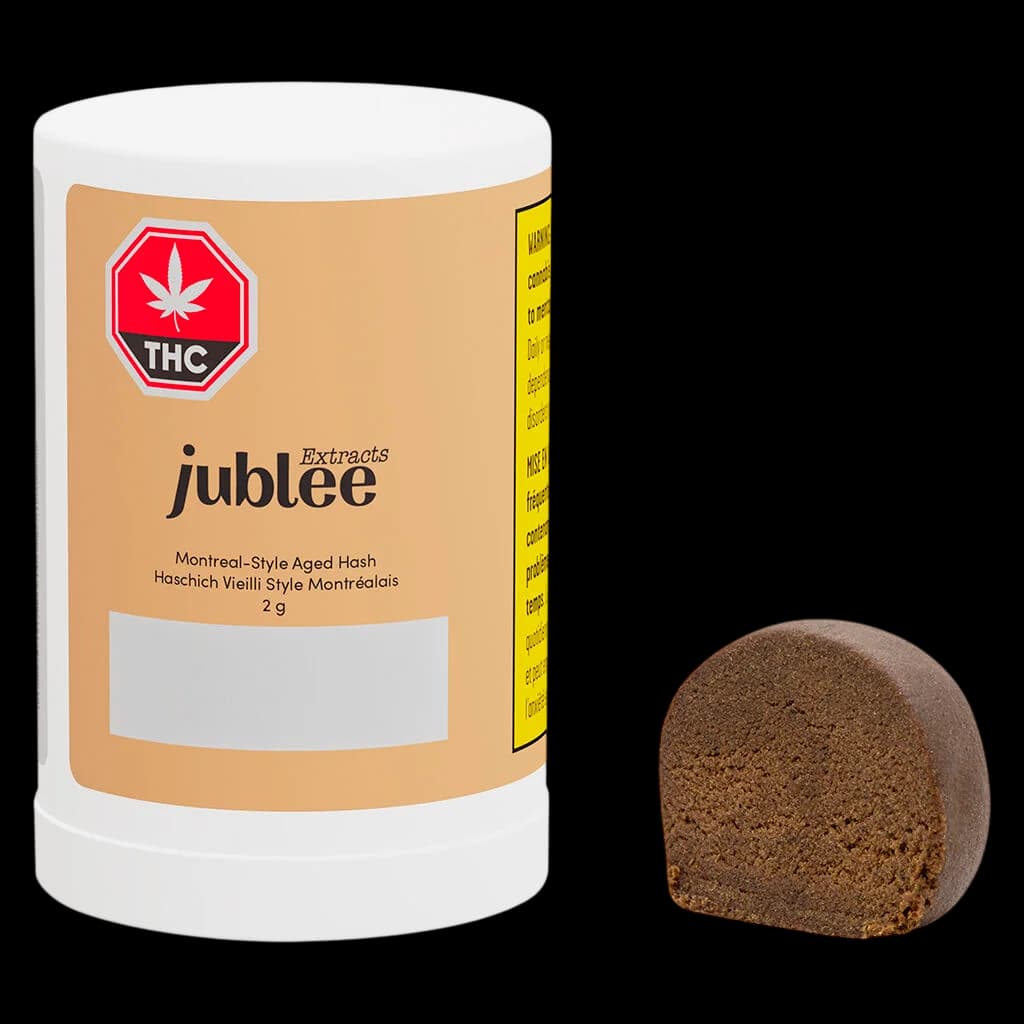 Jublee Extracts Montreal-Style Aged Hash 2g with packaging and product sample