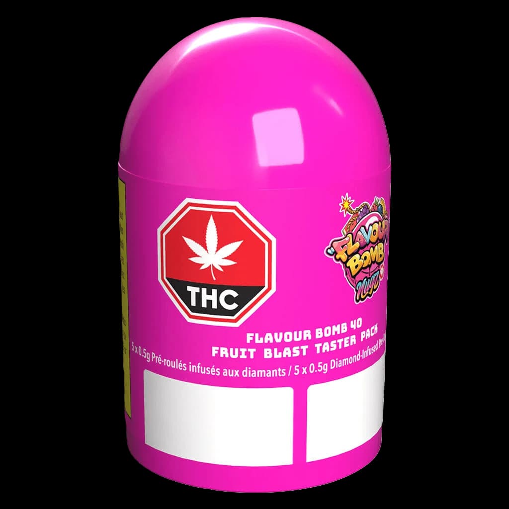Flavour Bomb 40 Fruit Blast Taster Pack, 5 x 0.5g diamond-infused pre-rolls in bright pink packaging with THC symbol