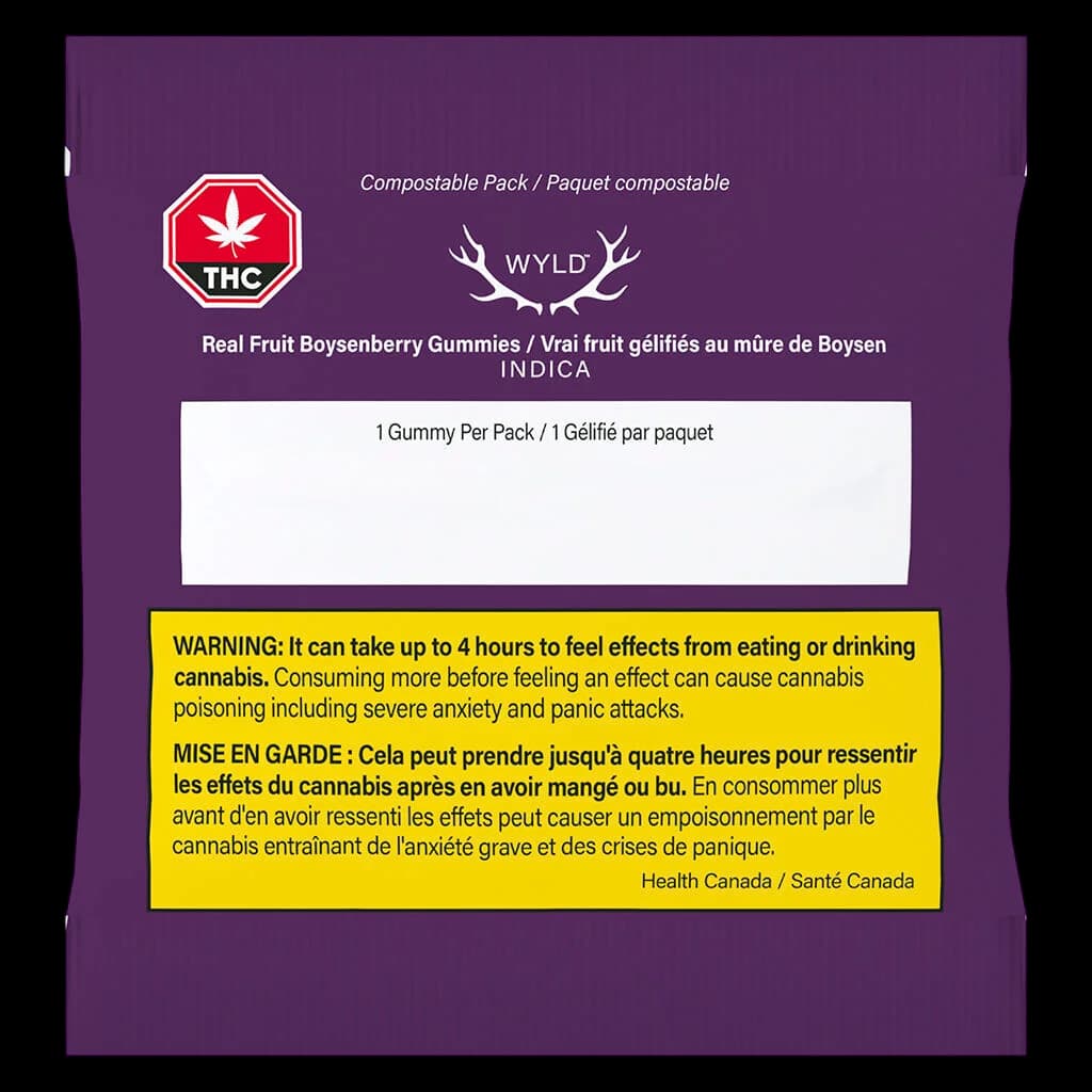 Wyld Real Fruit Boysenberry Gummies indica package front with THC symbol, compostable packaging, 1 gummy per pack, and Health Canada warning label