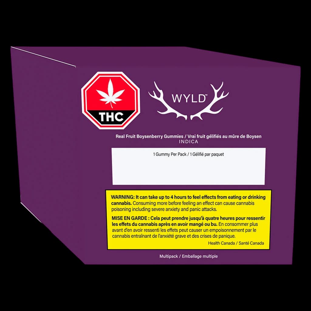 Wyld Real Fruit Boysenberry Gummies Indica multipack, 1 gummy per pack, THC cannabis edible with Health Canada warning label