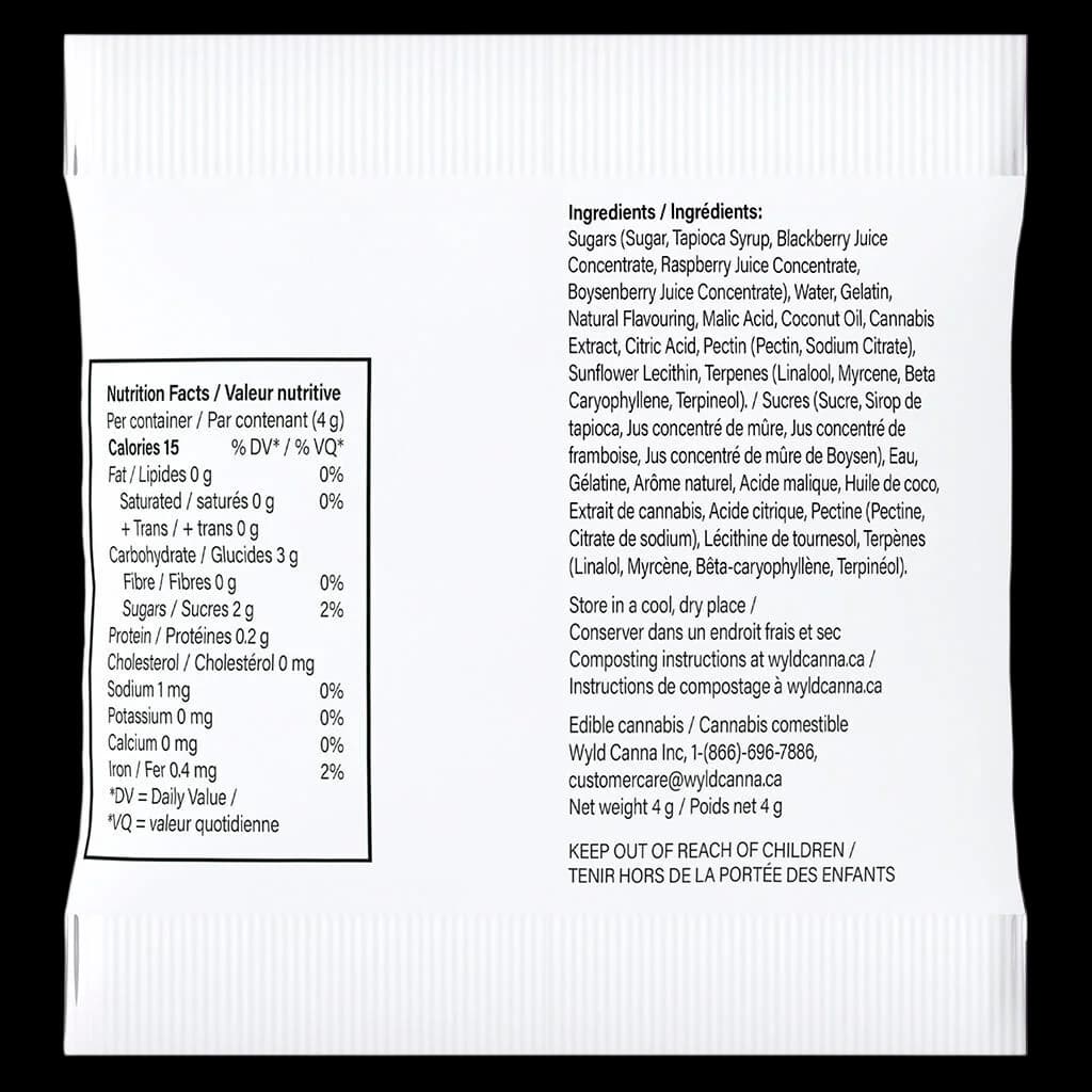 Wyld Real Fruit Boysenberry Indica 2:1:1 CBD:CBN:THC gummies packaging back panel showing nutrition facts, ingredients, and regulatory information