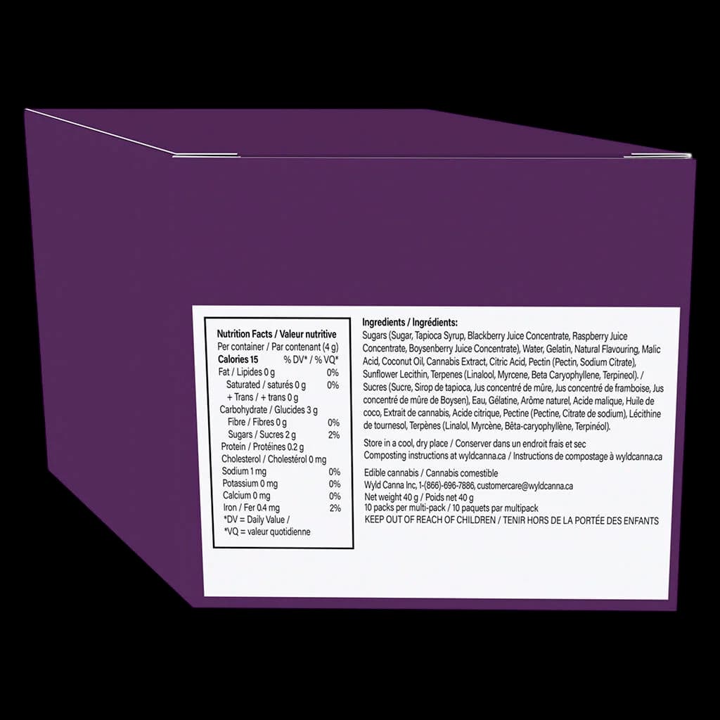 Wyld Real Fruit Boysenberry Indica 2:1:1 CBD:CBN:THC 10-pack multipack box rear showing nutrition facts, ingredients, and cannabis edible warning label