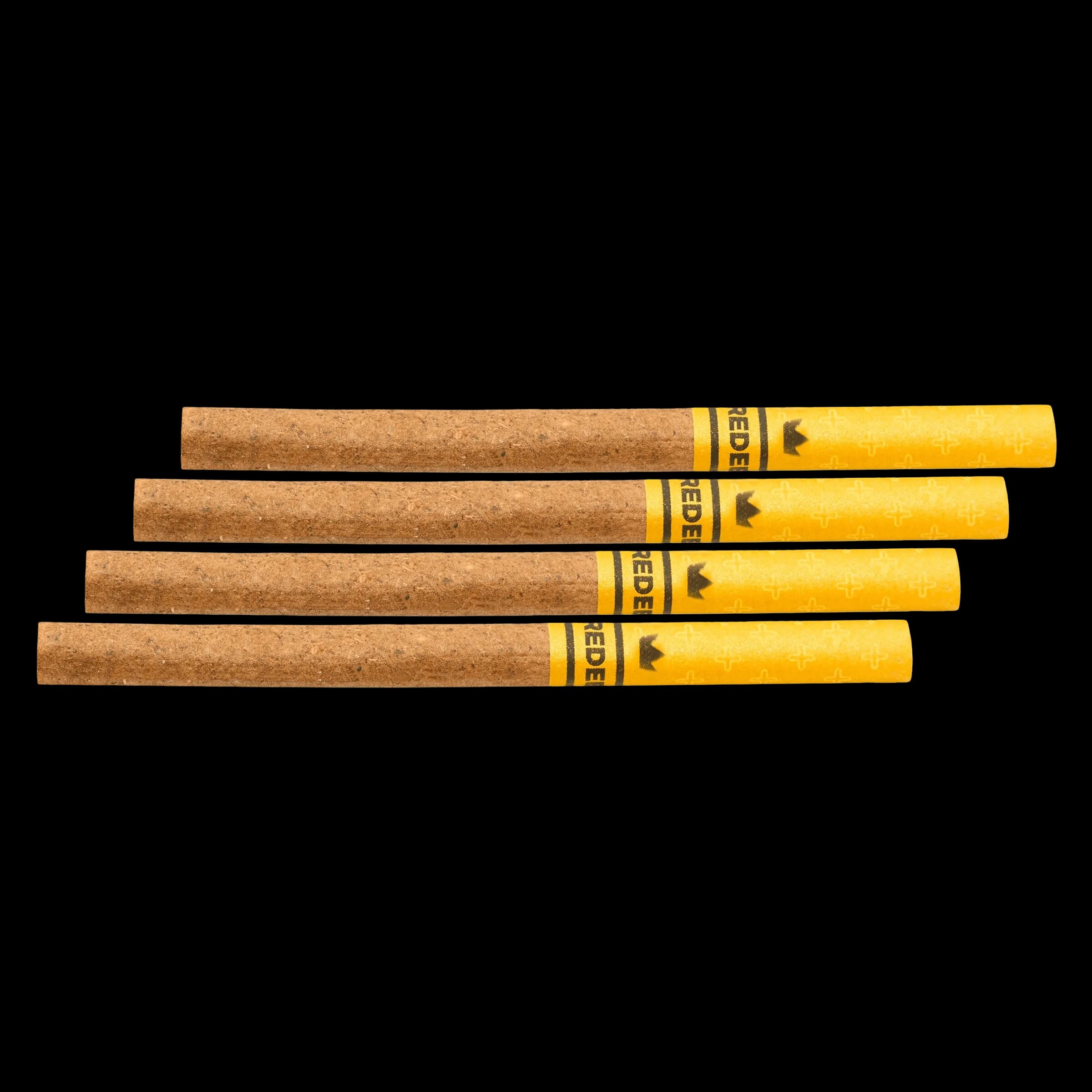 Four Redecan Redees PLUS live resin infused pre-rolls with natural rolling papers and yellow filter tips, arranged in a row