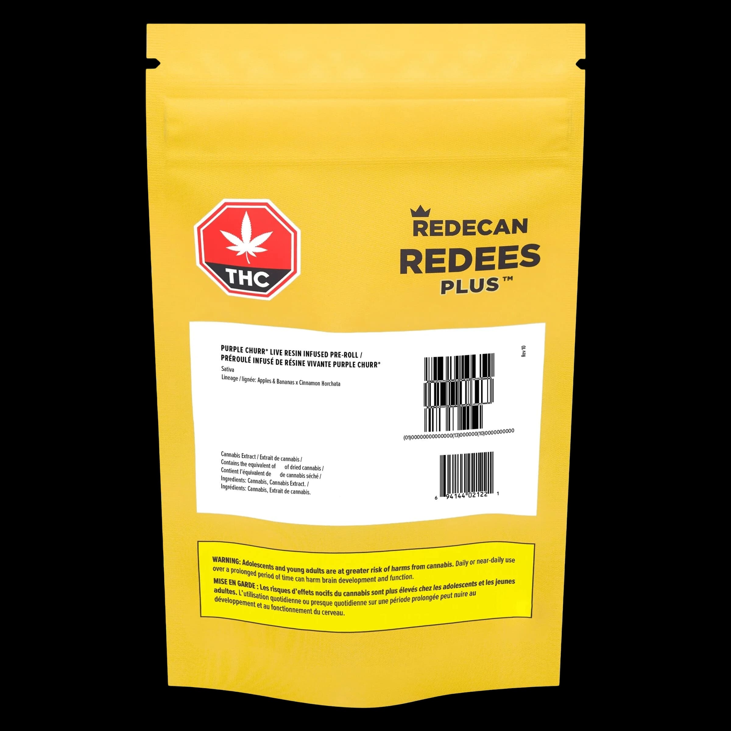Redecan Redees Plus Purple Churr live resin infused pre-roll package with yellow pouch design and THC warning label