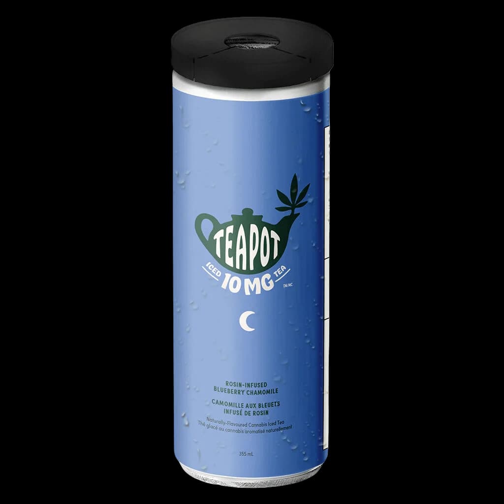 Teapod Iced 10mg cannabis beverage, rosin-infused blueberry chamomile tea, 355ml can with black lid