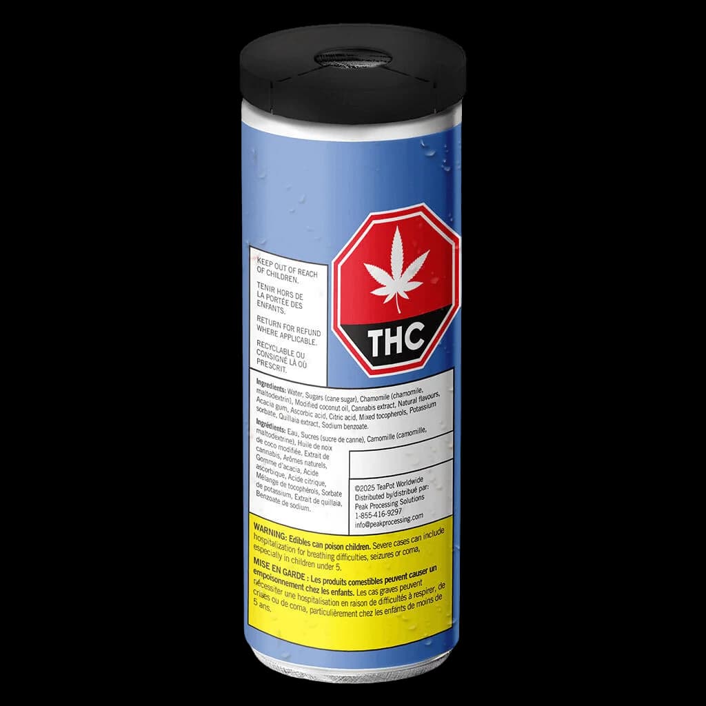 TeaPot Rosin Infused Blueberry Chamomile Tea beverage can with blue label, red THC warning symbol, and yellow health warning band