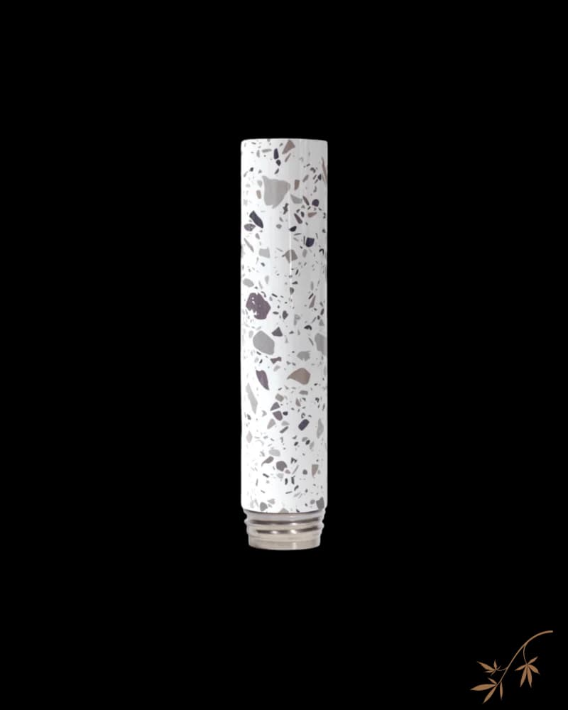 Chill Steel Pipes Neckpiece in white terrazzo with gray speckled pattern and stainless steel base