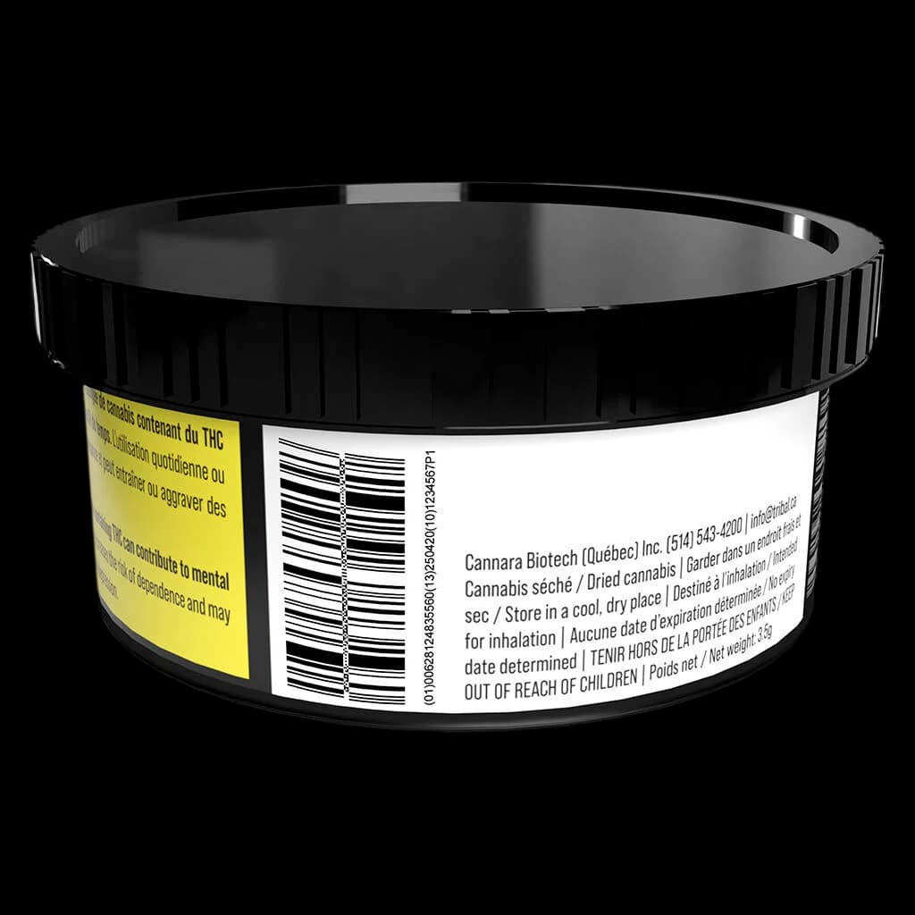 Tribal Porto Leche 3.5g dried cannabis flower in black container with yellow Health Canada warning label and bilingual text