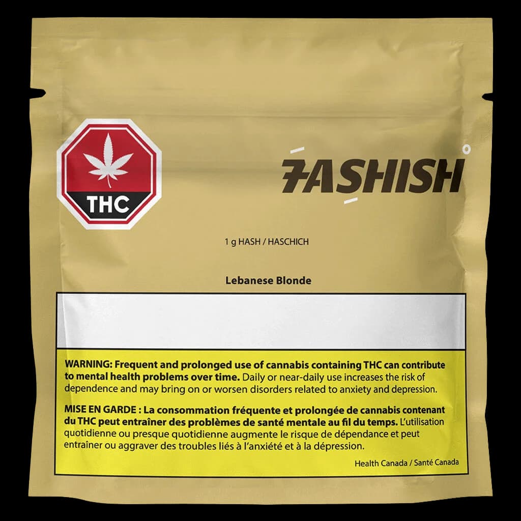 7ASHISH Lebanese Blonde 1g hash in gold pouch with red THC warning symbol and Health Canada warning label